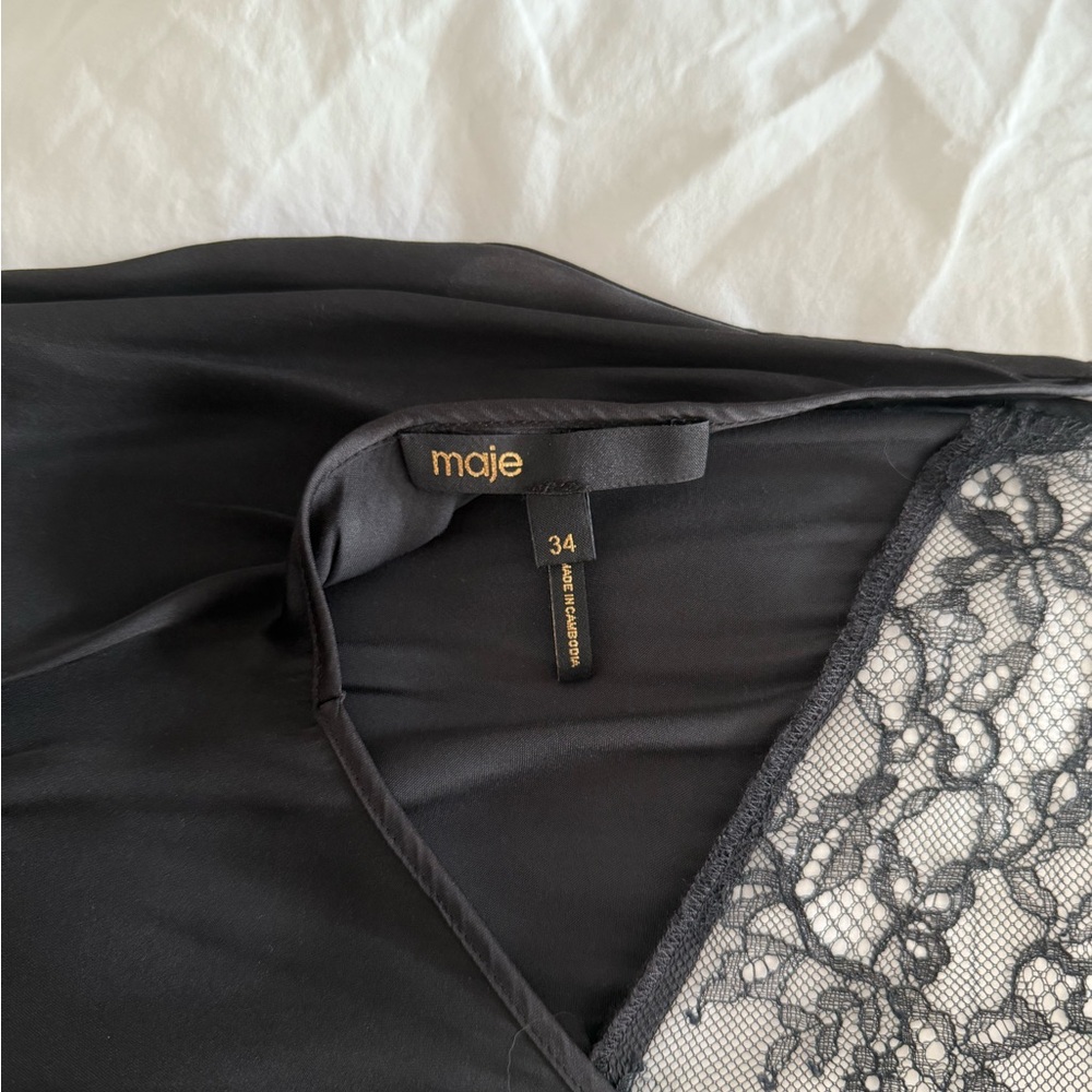 Maje Silky Black Slip Dress with Lace Detail - Picture 3 of 4